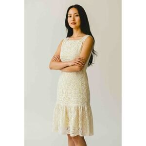 Vintage Cele Originals Cream Lace Sleeveless Fit & Flare Dress Drop Hem Sz S EUC